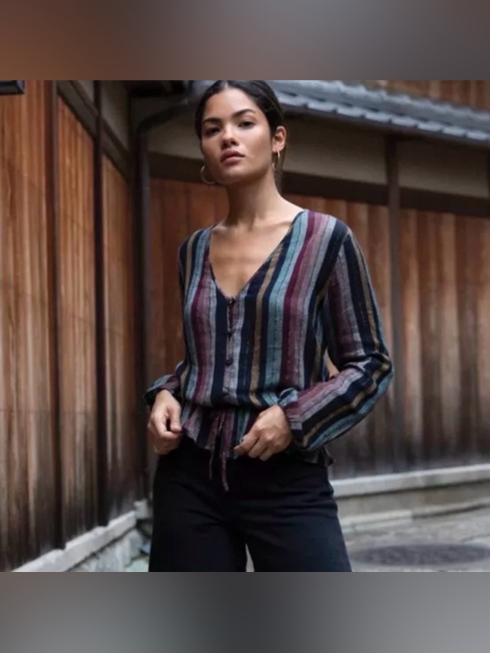 Rails Marti Salvador Striped V-Neck Button Front Blouse in Blue, Burgundy, Green